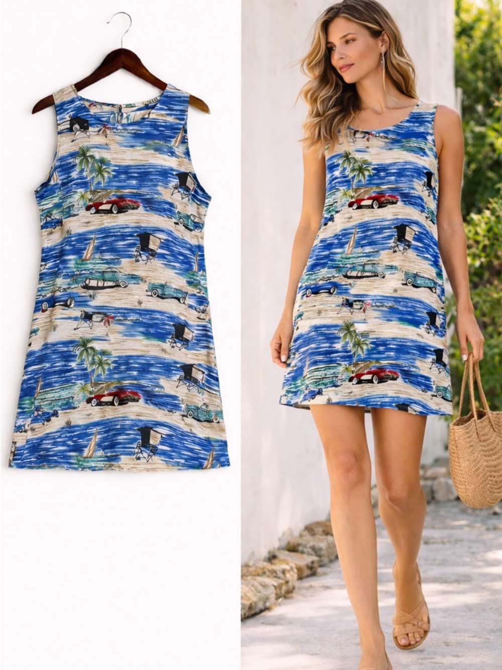 Vintage Weekend Clothes Line Beach Print Mini Dress XL Coastal‎ Retro Vacation